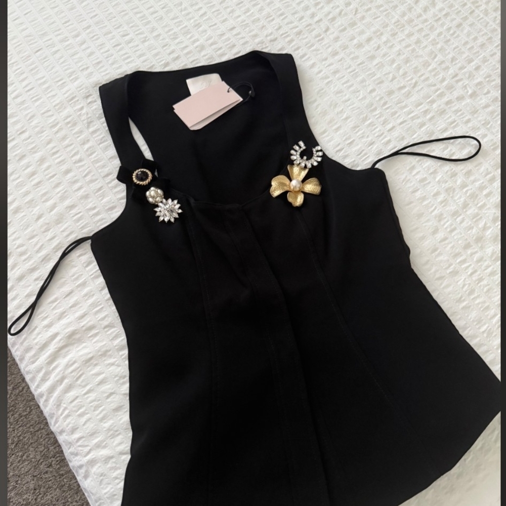 Cinq à Sept Black Top with Gold and Silver Embellishments